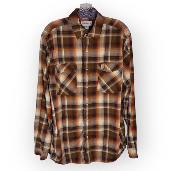 Carhartt Western Pearl Snap Shirt Men's M Brown Plaid Button Up Casual - Picture 1 of 6